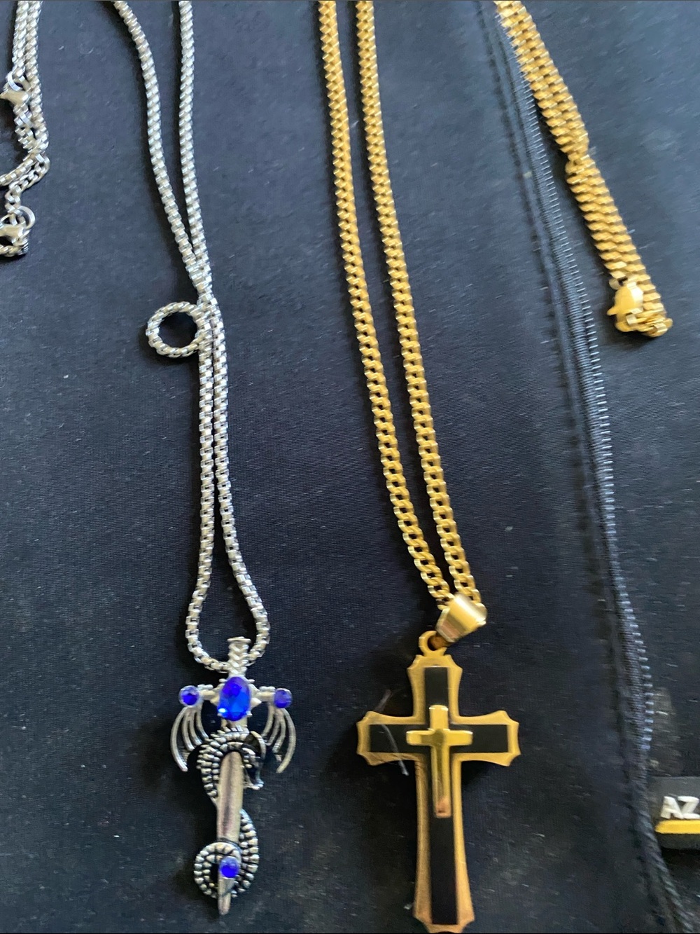 Gold Cross Pendant Necklace and Silver Dragon Pendant Necklace - Blue Accent